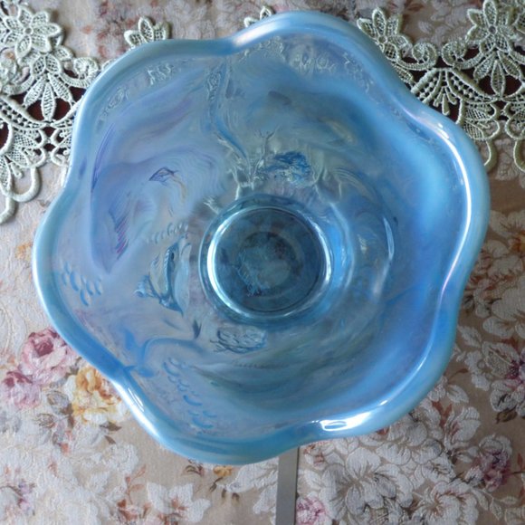 FENTON BLUE OPALESCENT SCALLOPED RIM FISH BOWL VASE PLANTER HANDPAINTED SIGNED - Picture 5 of 14